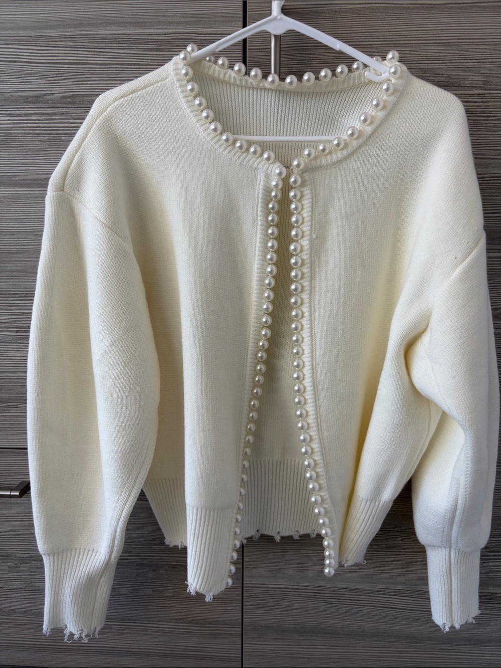 Commense Pearl-Trim Cream Cardigan